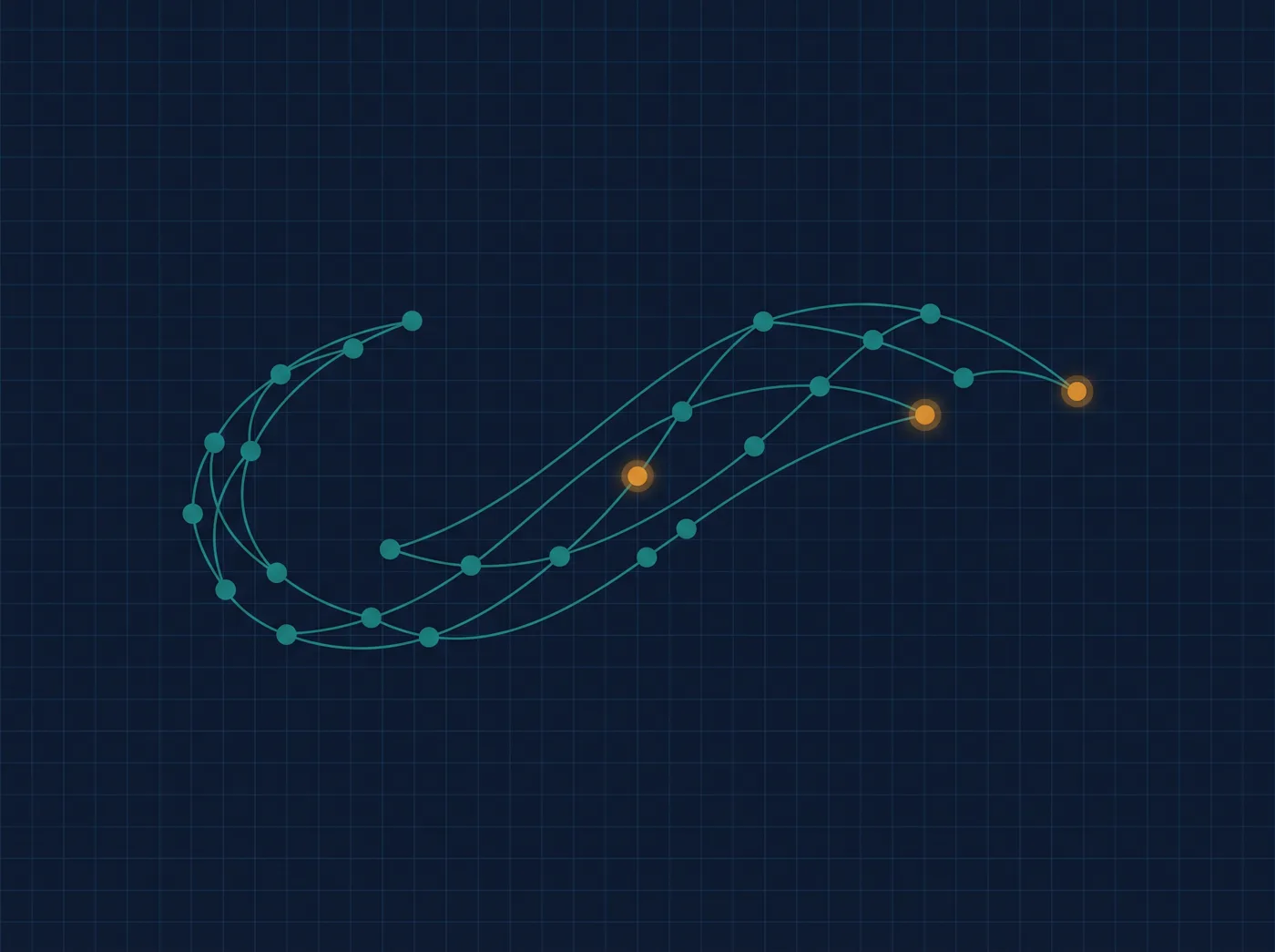 Abstract editorial illustration of thin teal lines connecting nodes along a curved flight-path, representing structured cognitive cooperation among a crew