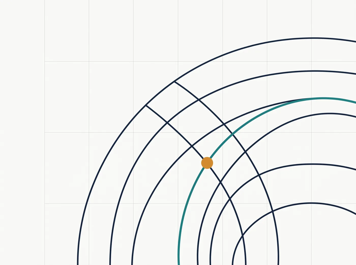 Abstract editorial illustration of concentric navy arcs and a teal trajectory line representing a competency-based curriculum built around client-specific operating data